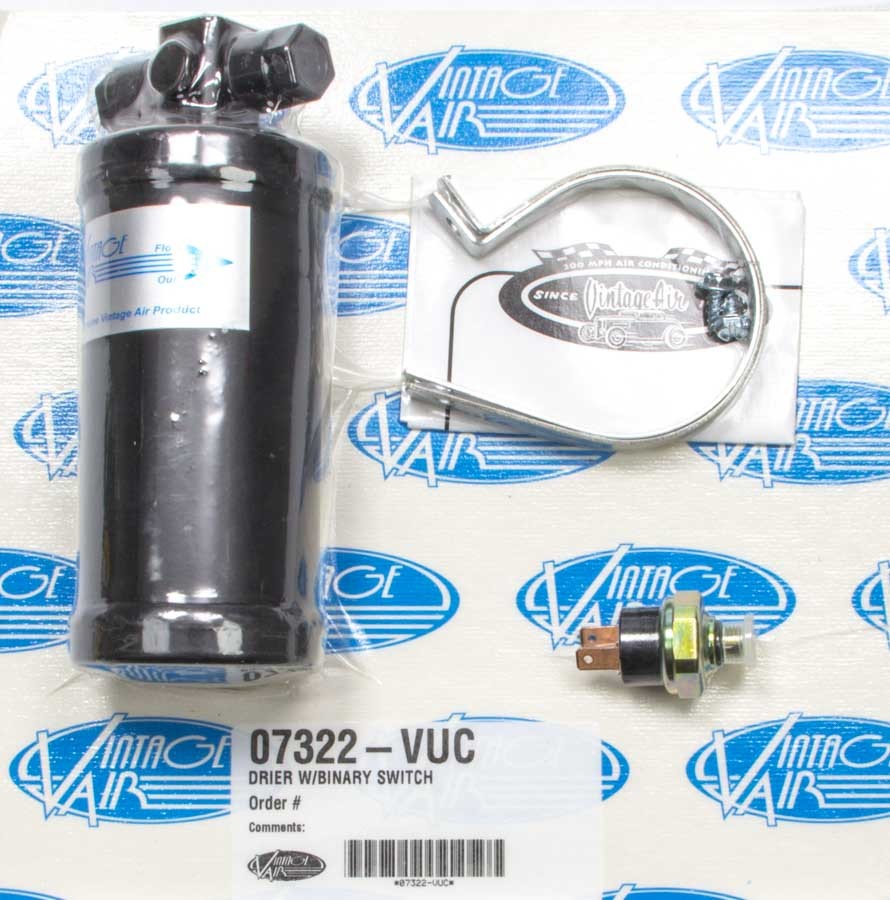 Vintage Air 07322-VUC - Air Conditioning Drier - Standard - Vertical Mount - 2-1/2 in OD - 6 in Tall - Binary Switch - Bracket - Steel - Black Paint - Each