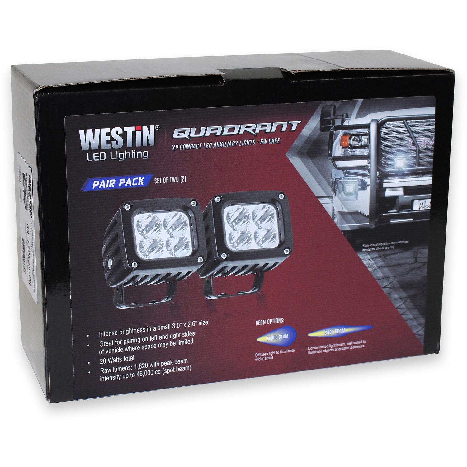 Westin 09-12252B-PR - Quadrant LED Auxiliary Light 3 inch x 2.5 inch Flood w/5W Cree (Set of 2) - Black Westin 09-12252B-PR - Quadrant LED Auxiliary Light 3 inch x 2.5 inch Flood w/5W Cree (Set of 2) - Black