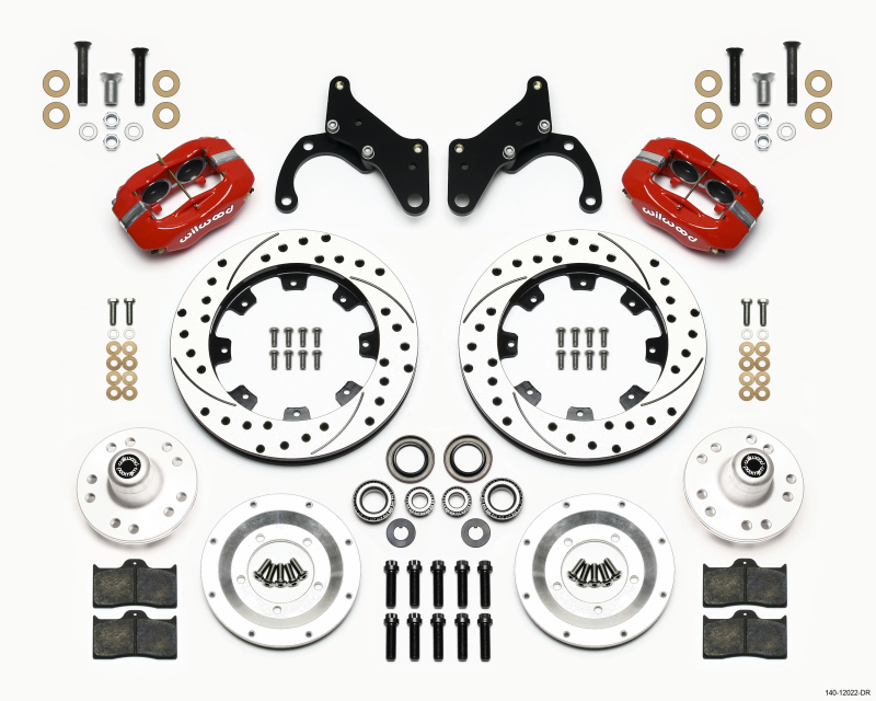 Wilwood 140-12022-DR - Forged Dynalite Front Kit 12.19in Drilled Red 65-68 Chevy Impala -Drum Spindle