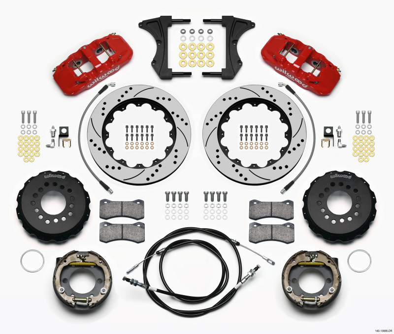 Wilwood 140-13686-DR - AERO4 Rear Kit 14.00 Drilled Red 2005-2014 Mustang w/ BMR Suspn. w/Lines