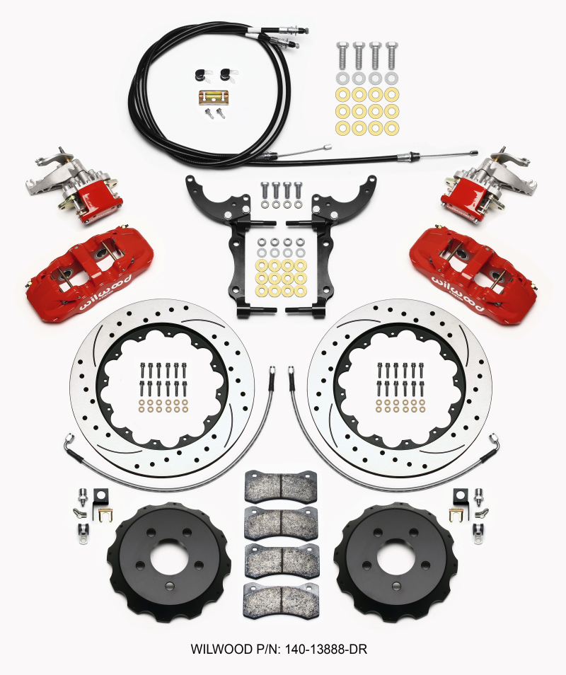 Wilwood 140-13888-DR - AERO4 / MC4 Rear Kit 14.00 Drilled Red 2015-Up Mustang w/Lines & Cables Wilwood 140-13888-DR - AERO4 / MC4 Rear Kit 14.00 Drilled Red 2015-Up Mustang w/Lines & Cables