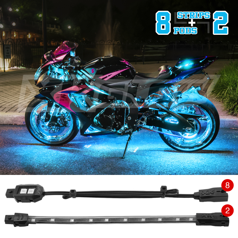 XKGLOW XK034001-AB - XK Glow Strips Single Color  LED Accent Light Motorcycle Kit Light Blue - 8xPod + 2x8In