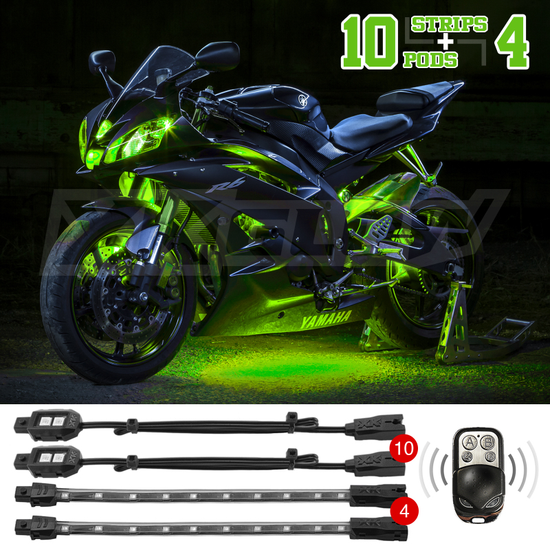 XKGLOW XK034002-G - XK Glow Strips Single Color  LED Accent Light Motorcycle Kit Green - 10xPod + 4x8In