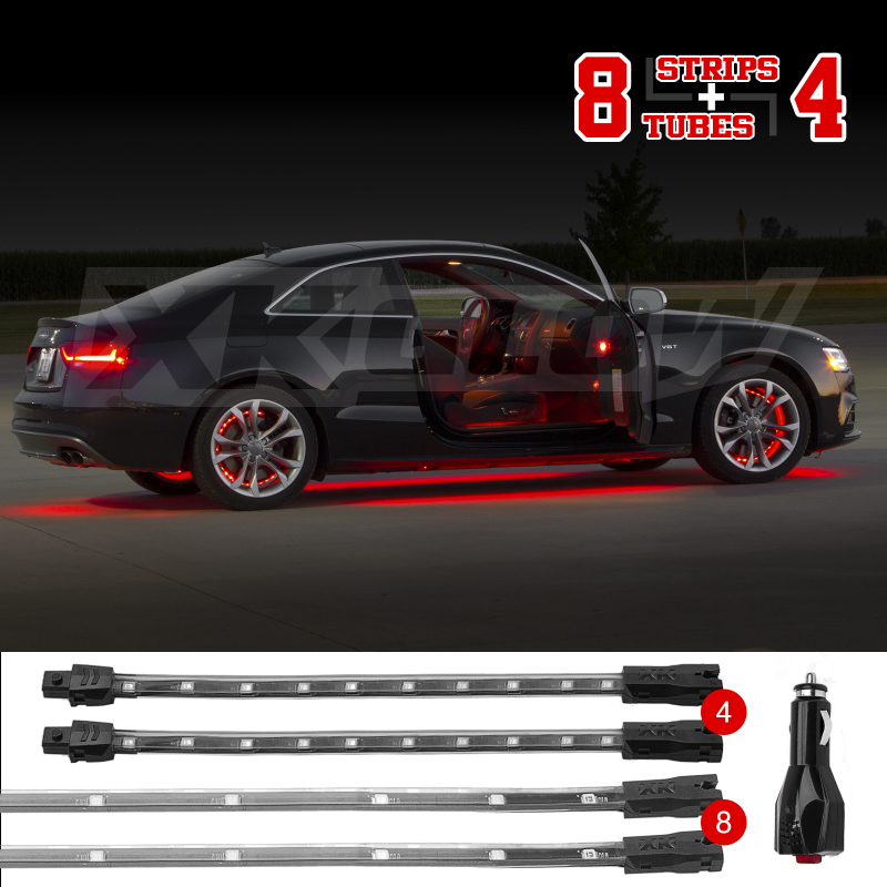 XKGLOW XK041005-R - XK Glow Single Color  UnderglowLED Accent Light Car/Truck Kit Red - 8x24In Tube + 4x8In Strip