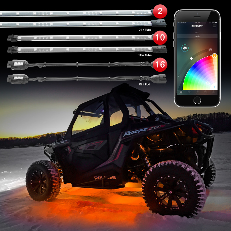 XKGLOW XK-UTV-STA - XK Glow Million Color XKCHROME App Controlled Offroad UTV Kit 2x24In Tube + 10x12In Tube + 16xPods