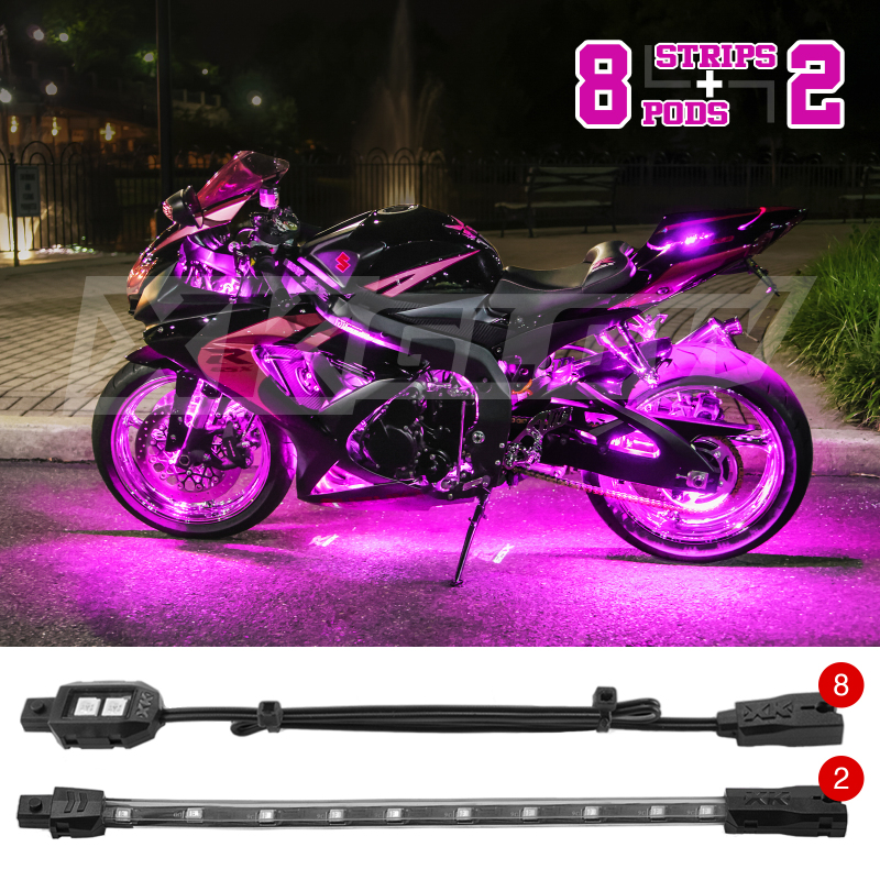 XKGLOW XK034001-P - XK Glow Strips Single Color LED Accent Light Motorcycle Kit Pink - 8xPod + 2x8In XKGLOW XK034001-P - XK Glow Strips Single Color LED Accent Light Motorcycle Kit Pink - 8xPod + 2x8In