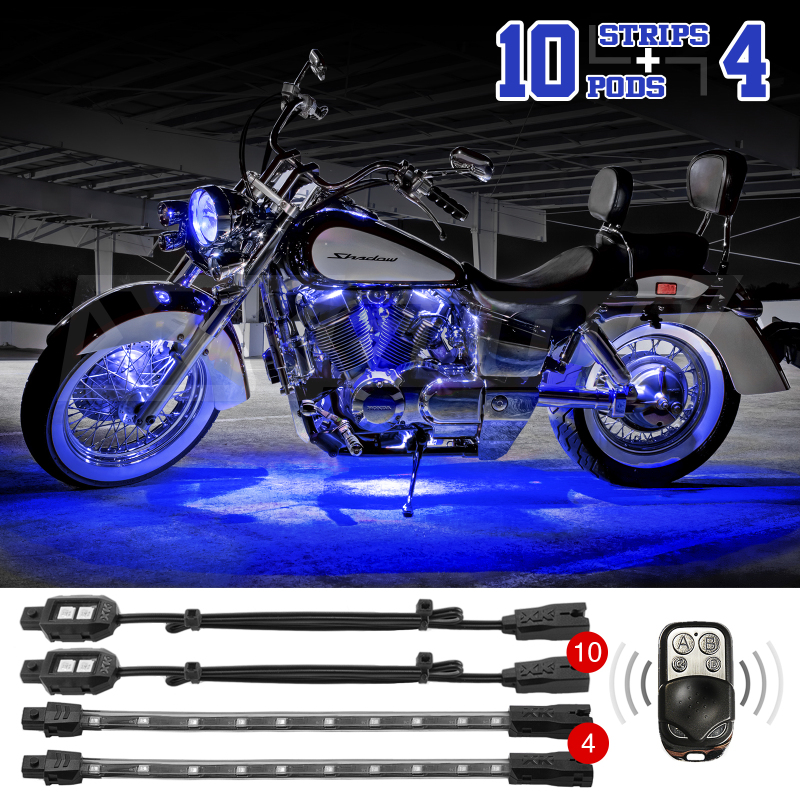 XKGLOW XK034002-B - XK Glow Strips Single Color  LED Accent Light Motorcycle Kit Blue - 10xPod + 4x8In