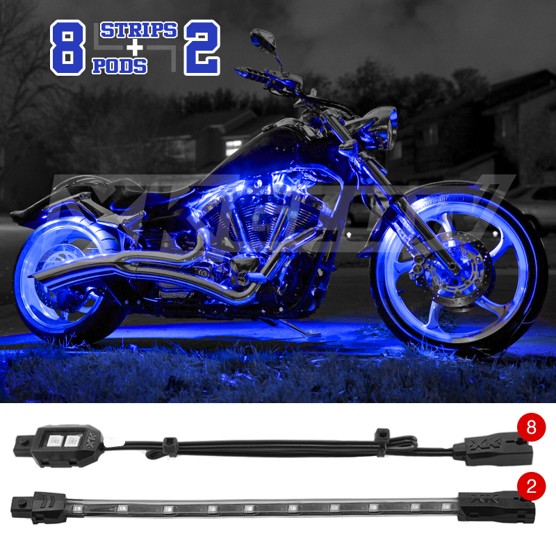 XKGLOW XK034001-B - XK Glow Single Color  LED Accent Light Motorcycle Kit Blue - 8xPod + 2x8InStrips