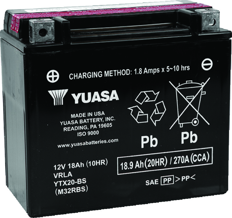 Yuasa Battery YUAM32RBS - Yuasa YTX20-BS Maintenance Free AGM 12-Volt Battery w/Bottle