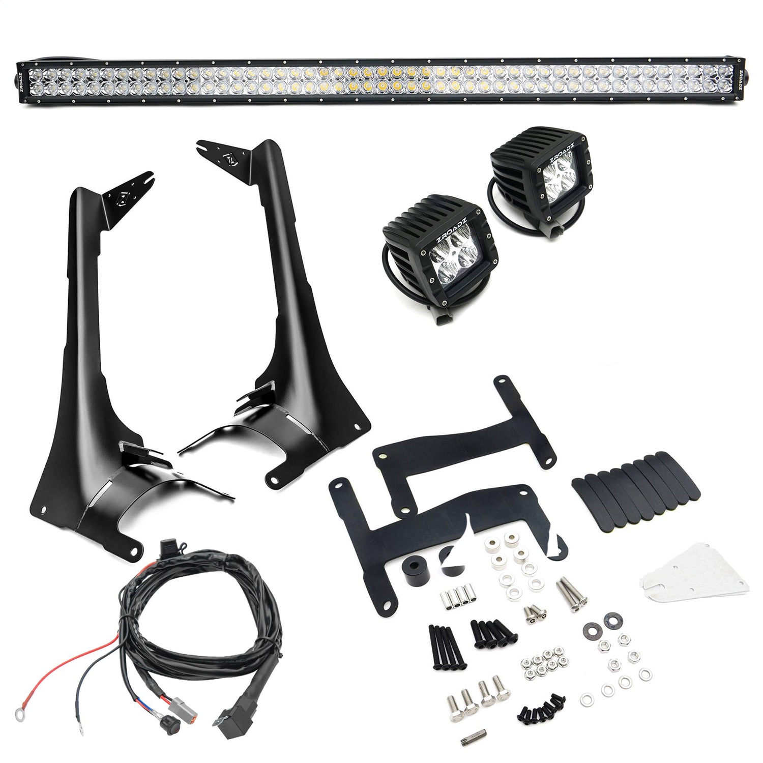 ZROADZ Z374831-KIT2 - Front Roof LED Kit, Black, Mild Steel, Bolt-On, Includes (1) 50 Inch  LED Straight Double Row Light Bar and (2) 3 Inch  LED Pod Lights and Universal Wiring Harness