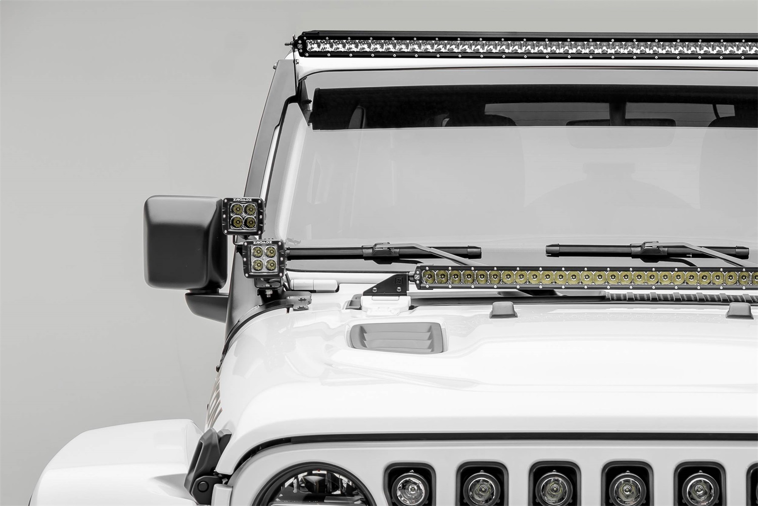 ZROADZ Z374831-KIT4S - Jeep JL, Gladiator Front Roof LED Kit with (1) 50 Inch LED Straight Single Row Slim Light Bar and (4) 3 Inch LED Pod Lights - PN #