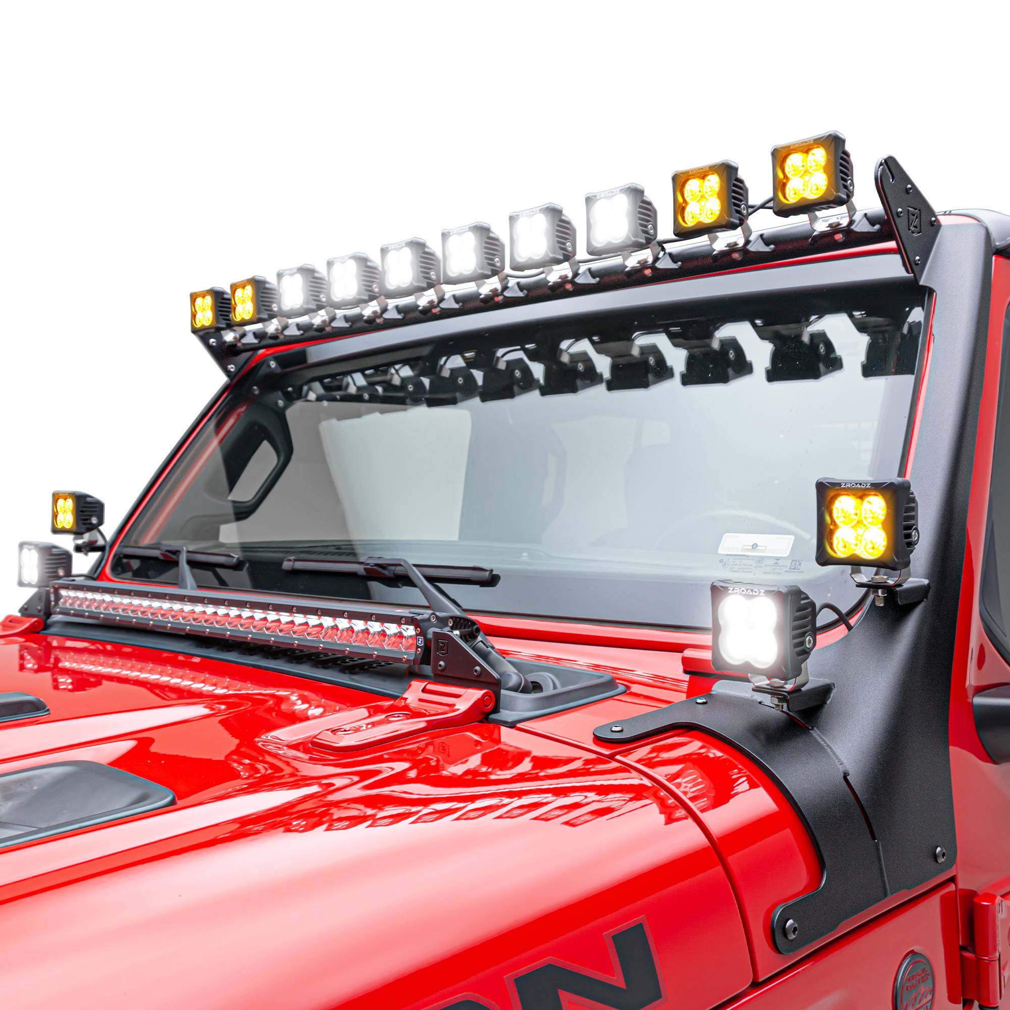 ZROADZ Z934931-KIT4AW - 2019-2022 Jeep JL, Gladiator Multi-LED Roof Cross Bar and 4-Pod A-Pllar Complete KIT w/(14) 3-Inch  Light Pods