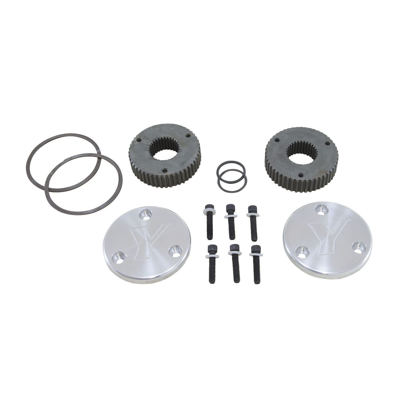 Yukon Gear YHC50001 - Hardcore Drive Flange Kit For Dana 44 / 30 Spline Outer Stubs. Yukon Engraved Caps