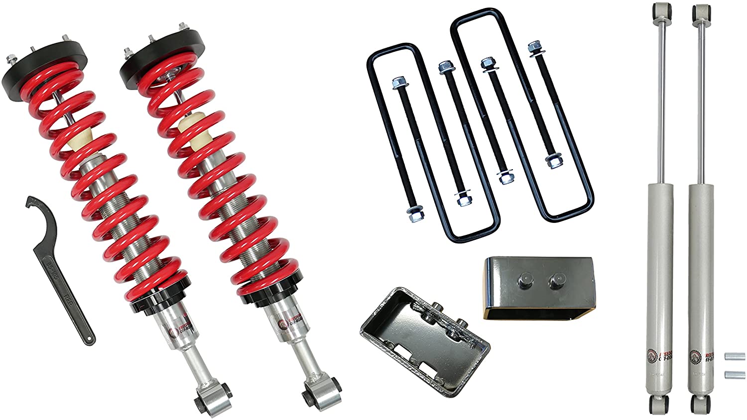 Freedom Offroad FO-F904-KIT - 1-4 Inch Adjustable Coilovers 3 Inch Rear Blocks w/U Bolts and Shocks 04-13 F-150 06-08 Mark LT Freedom Off-Road