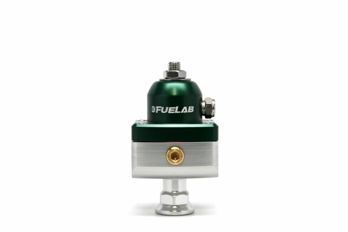 Fuelab 57504-6 - Universal High Pressure Adjustable Fuel Pressure Regulator Blocking Style Mini 25-65 psi (1) -6AN Inlet (2) -6AN Outlets Green