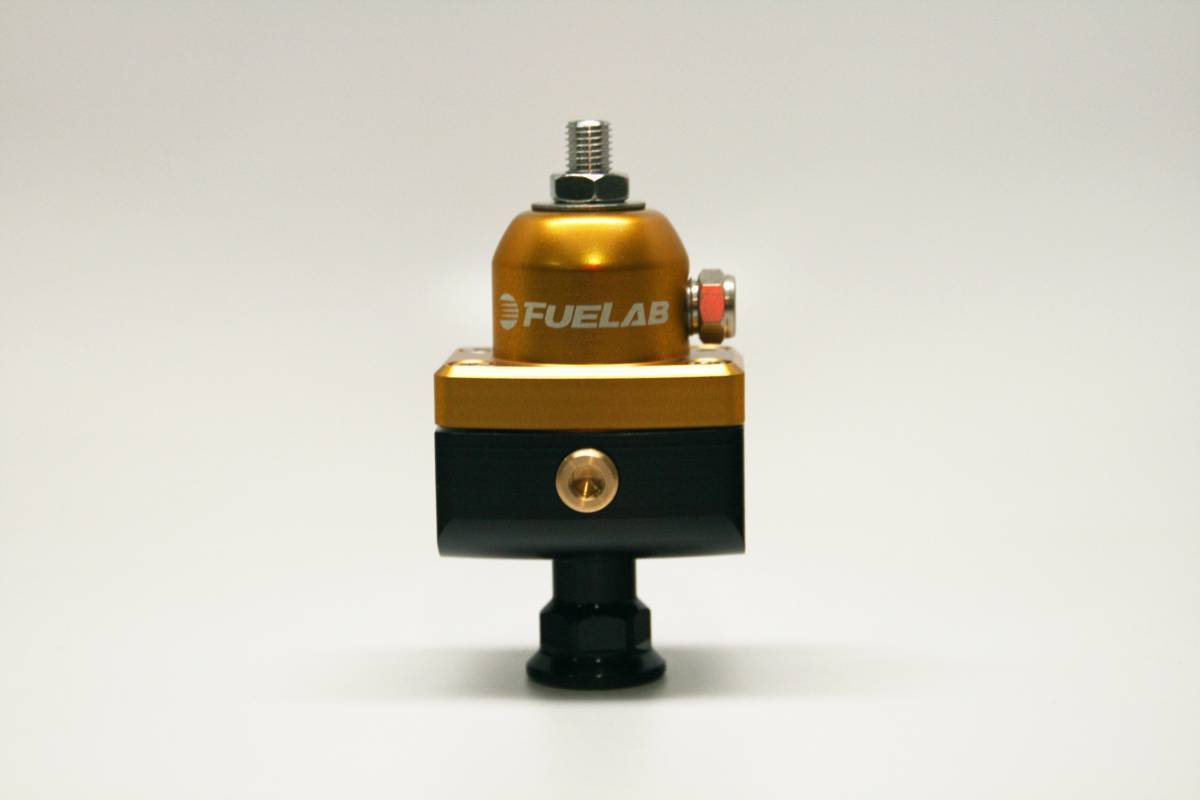 Fuelab 57504-5 - Universal High Pressure Adjustable Fuel Pressure Regulator Blocking Style Mini 25-65 psi (1) -6AN Inlet (2) -6AN Outlets Gold