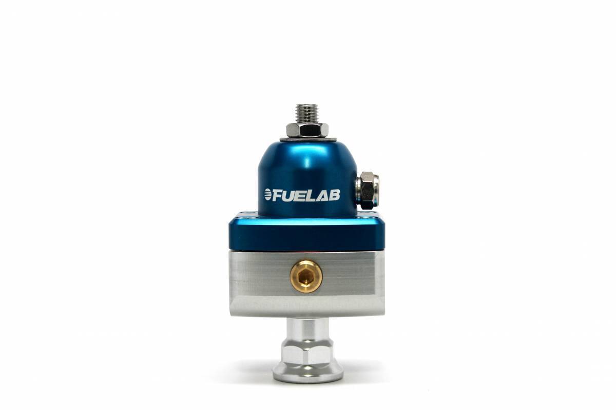 Fuelab 57504-3 - Universal High Pressure Adjustable Fuel Pressure Regulator Blocking Style Mini 25-65 psi (1) -6AN Inlet (2) -6AN Outlets Blue