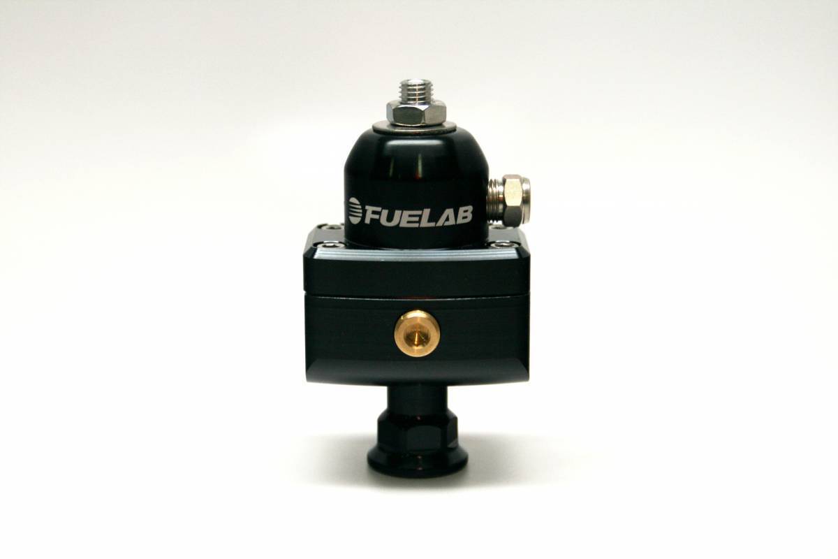 Fuelab 57504-1 - Universal High Pressure Adjustable Fuel Pressure Regulator Blocking Style Mini 25-65 psi (1) -6AN Inlet (2) -6AN Outlets Black