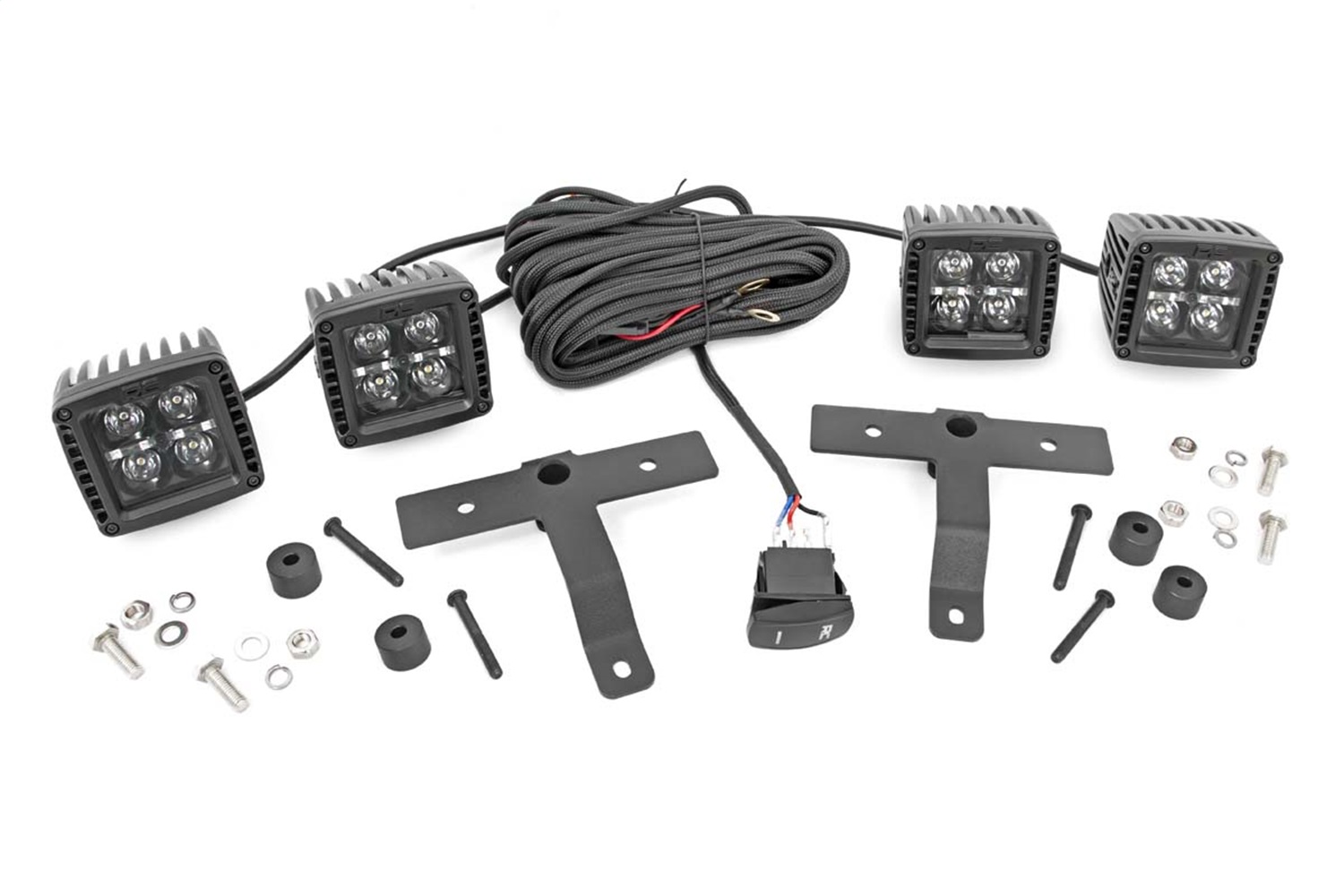 Rough Country 70824 - LED Light Kit - Quad - Cowl Mount - 2 inch Black - White DRL - Jeep Gladiator JT/Wrangler JL (18-24)