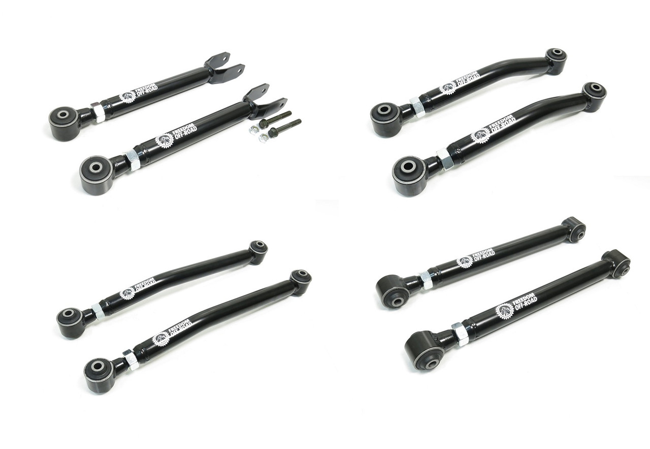 Freedom Offroad FO-J704-3-ADJ(4) - Adjustable Front Upper + Lower and Rear Upper + Lower Control Arms For 0-4.5 Inch Lift 8 pc Kit 18-24 Wrangler JL Freedom Off-Road