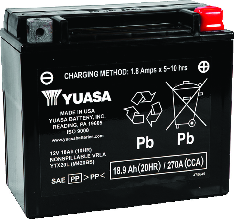 Yuasa Battery YUAM320BS - Yuasa YTX20L-BS Maintenance Free AGM 12-Volt Battery w/Bottle Yuasa Battery YUAM320BS - Yuasa YTX20L-BS Maintenance Free AGM 12-Volt Battery w/Bottle
