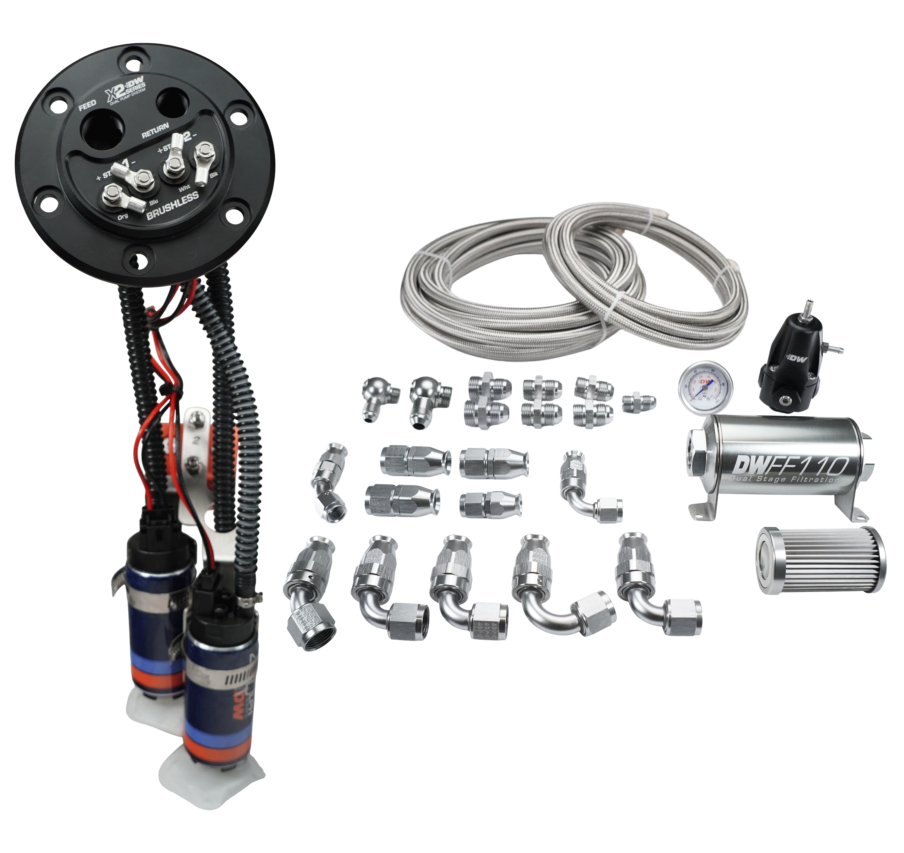 Deatschwerks 9-421-625-7043 - X2 Series Fuel Pump Hanger w/ Dual DW420 Pumps/PTFE Plumbing kit for 92-00 Honda Civic