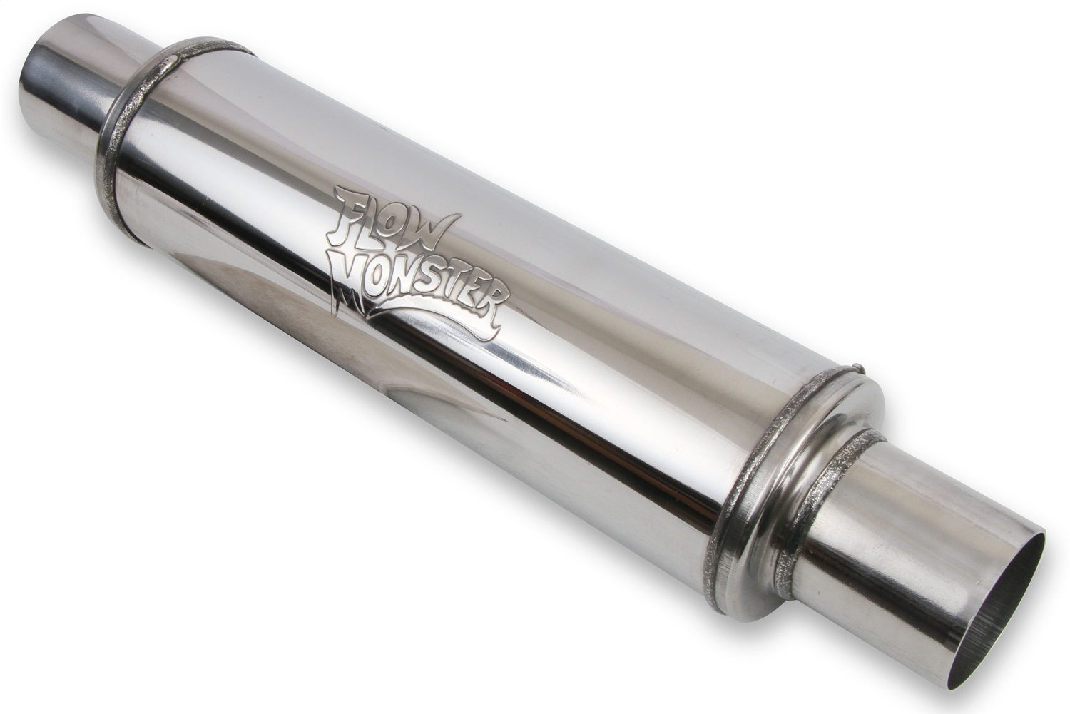 Flowmaster 14416-FM - FlowMonster Muffler; Absorption Style; 2.50 in. Center Inlet/2.55 in. Center Outlet; 4 in. x 14 in. Round Case; Straight Through; Polished 409 Stainless Steel;
