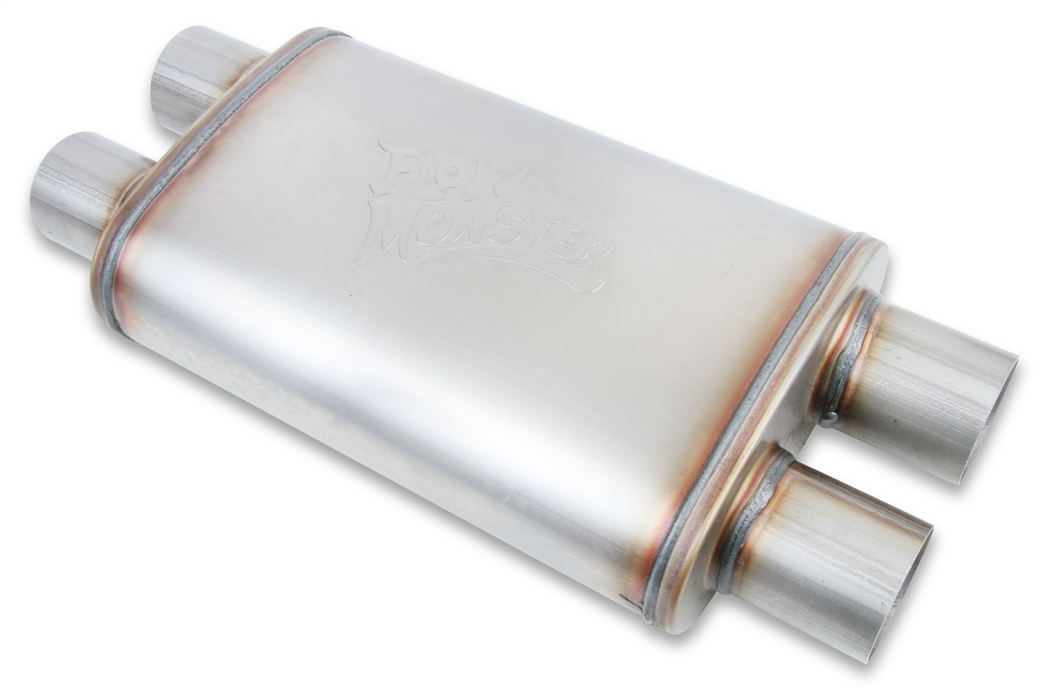 Flowmaster 11386-FM - FlowMonster Muffler; Absorption Style; 2.50 in. Dual Inlet/2.50 in. Dual Outlet; 4 in. x 9 in. Oval Case; Straight Through; 409 Stainless Steel;