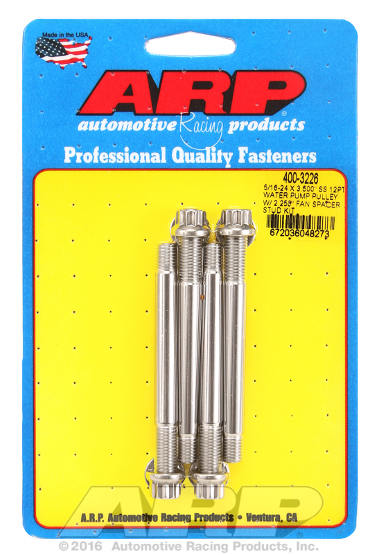 ARP 400-3226 - 5/16-24 X 3.500 SS 12pt water pump pulley w/ 2.250in fan spacer stud kit ARP 400-3226 - 5/16-24 X 3.500 SS 12pt water pump pulley w/ 2.250in fan spacer stud kit