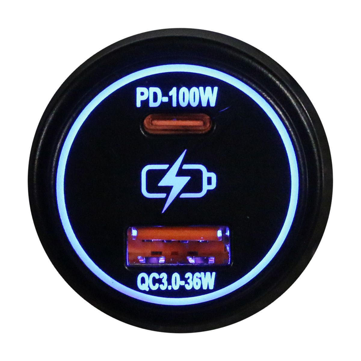 Race Sport RS51927B - Round Socket Auxiliary Charging Port with C-Type PD 100W + A-Type USB3.0 36W Blue Indigo LED Lighting Race Sport RS51927B - Round Socket Auxiliary Charging Port with C-Type PD 100W + A-Type USB3.0 36W Blue Indigo LED Lighting