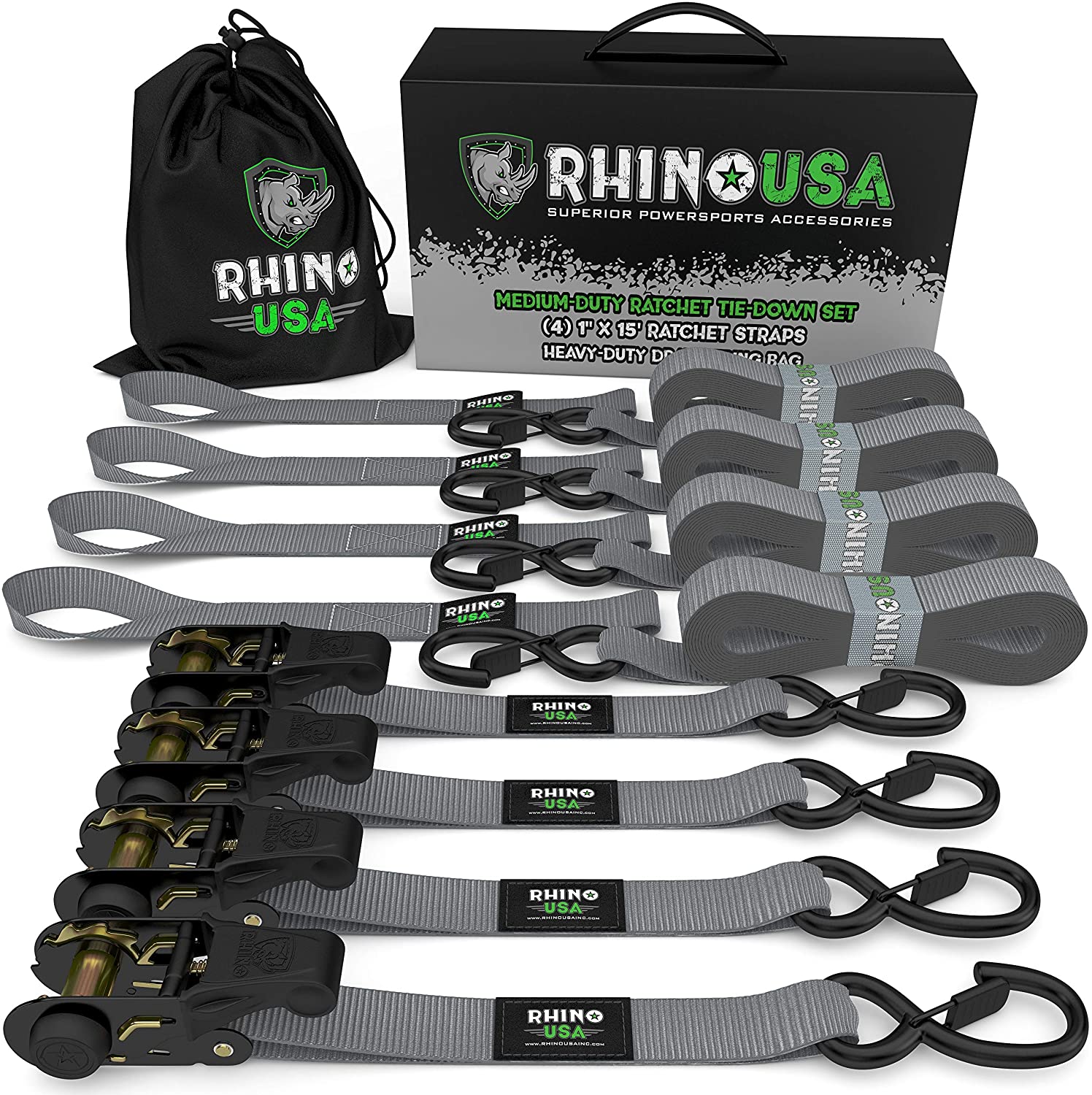 Rhino USA RCHT-4PACK-GRY - Medium Duty Ratchet Strap Tie-Down 4-Pack (Gray) Rhino USA RCHT-4PACK-GRY - Medium Duty Ratchet Strap Tie-Down 4-Pack (Gray)