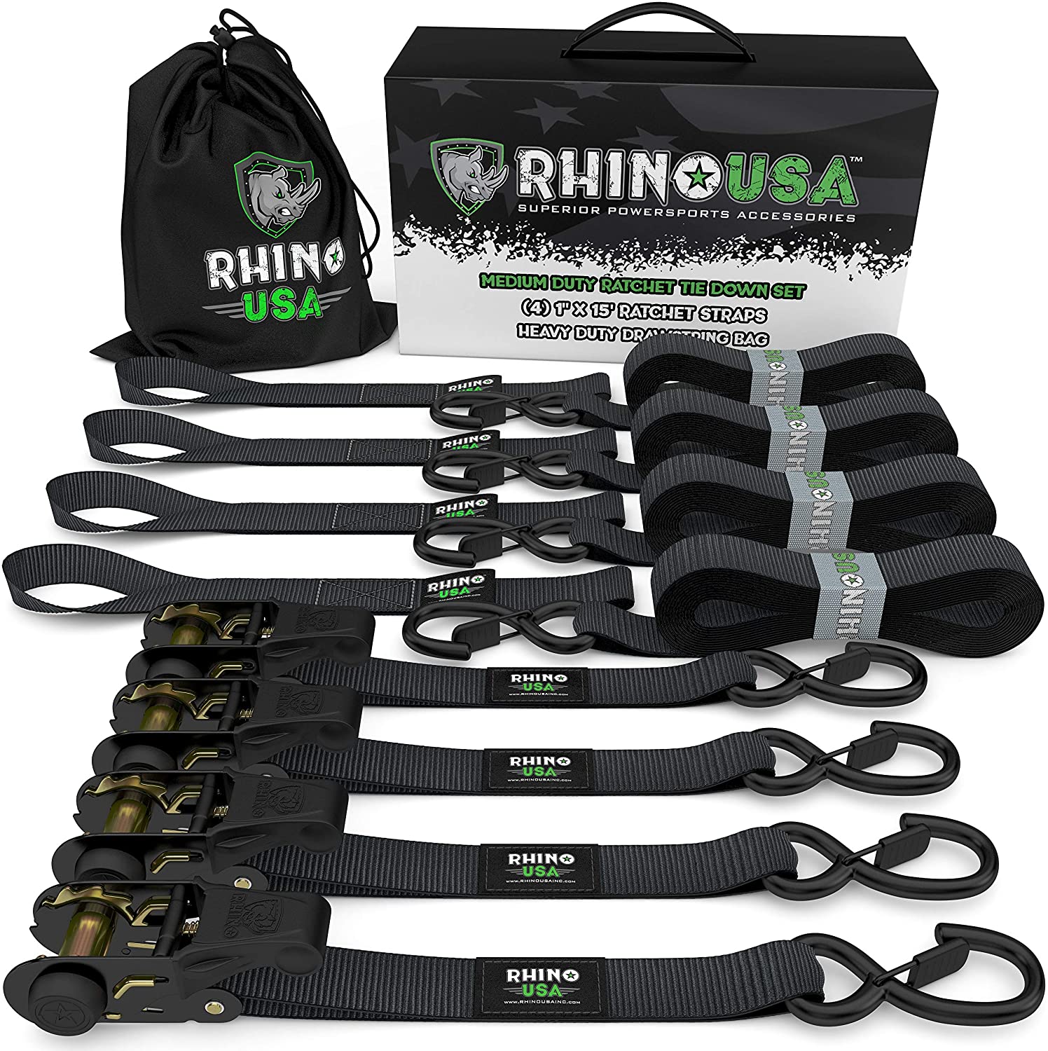 Rhino USA GMG-R1-4PACK - Medium Duty Ratchet Strap Tie-Down 4-Pack (Black) Rhino USA GMG-R1-4PACK - Medium Duty Ratchet Strap Tie-Down 4-Pack (Black)