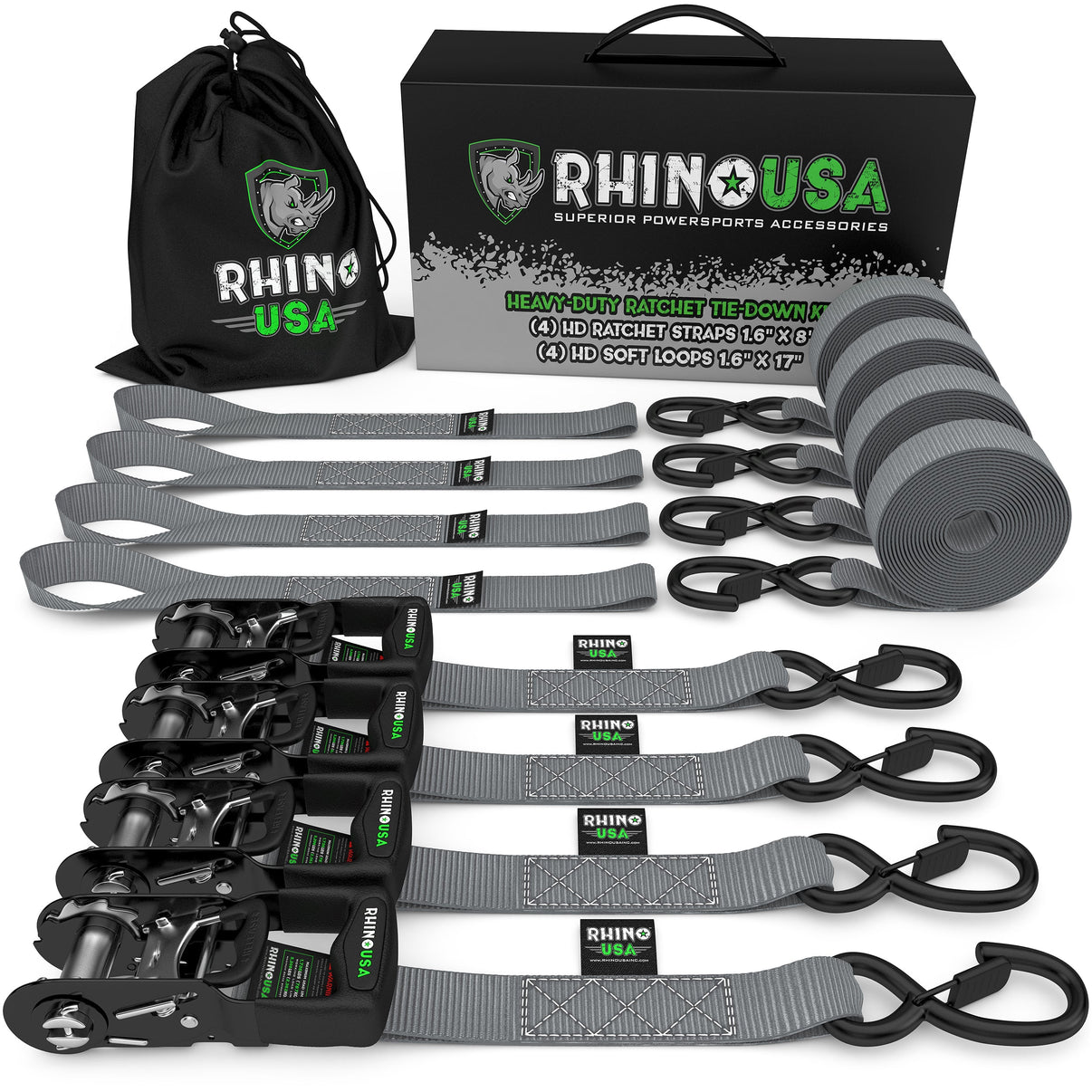Rhino USA HDKIT-4PK-GRY - Heavy Duty Ratchet Tie-Down 4-Pack (Gray) 1.6In X 8Ft