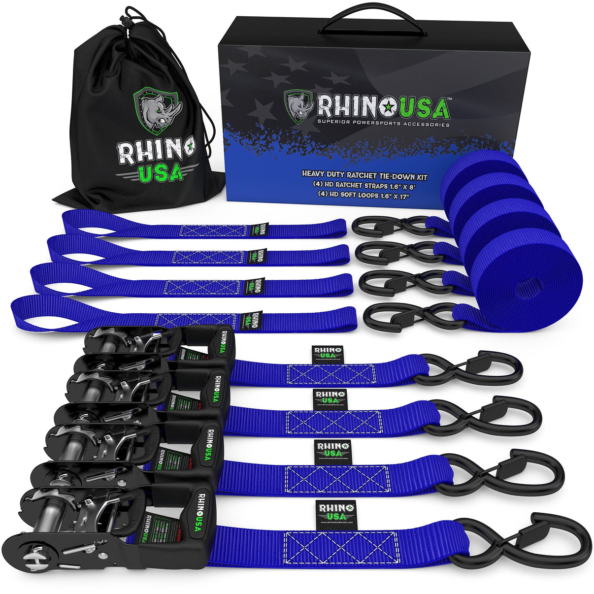 Rhino USA TD-GC1.6X15-BLU - Heavy Duty Ratchet Tie-Down 4-Pack Blue 1.6In X 15Ft Rhino USA TD-GC1.6X15-BLU - Heavy Duty Ratchet Tie-Down 4-Pack Blue 1.6In X 15Ft