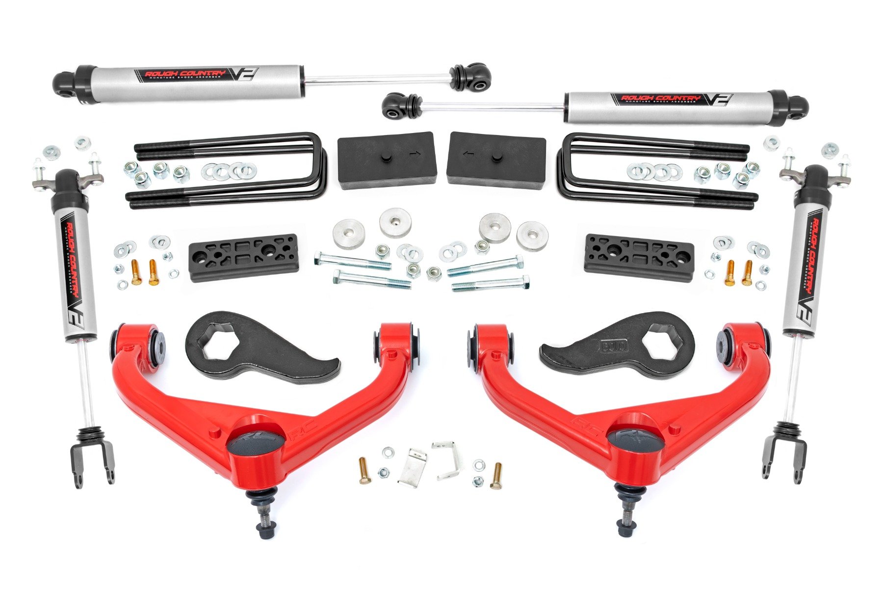 Rough Country 97770RED - 3 Inch Lift Kit - UCAs - V2 - w/ Overloads - Chevy/GMC 2500HD (20-24)