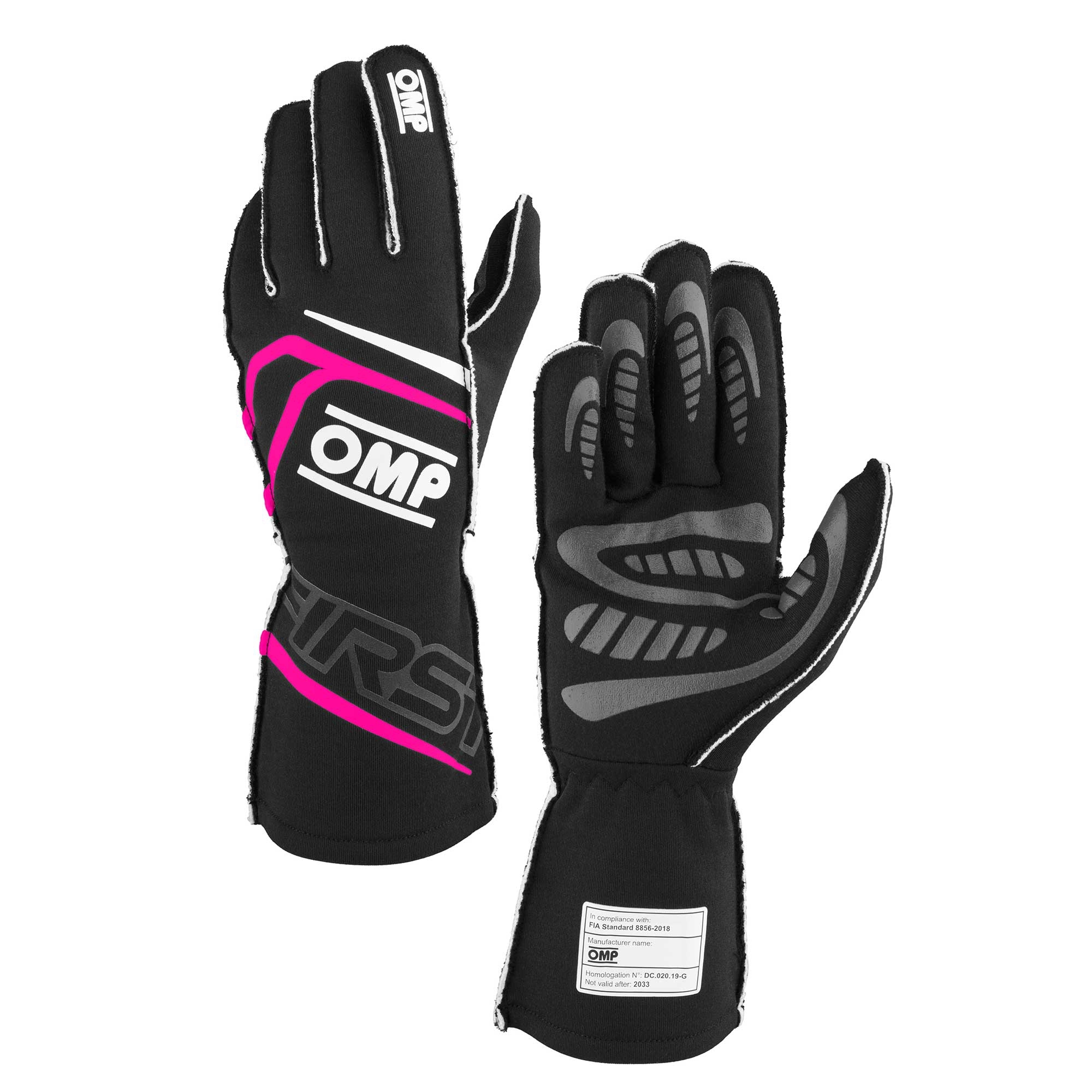 OMP Racing IB0-0776-B01-277-S - FIRST GLOVES FIA 8856-20 18 MY2025 BLACK / FUCHSI