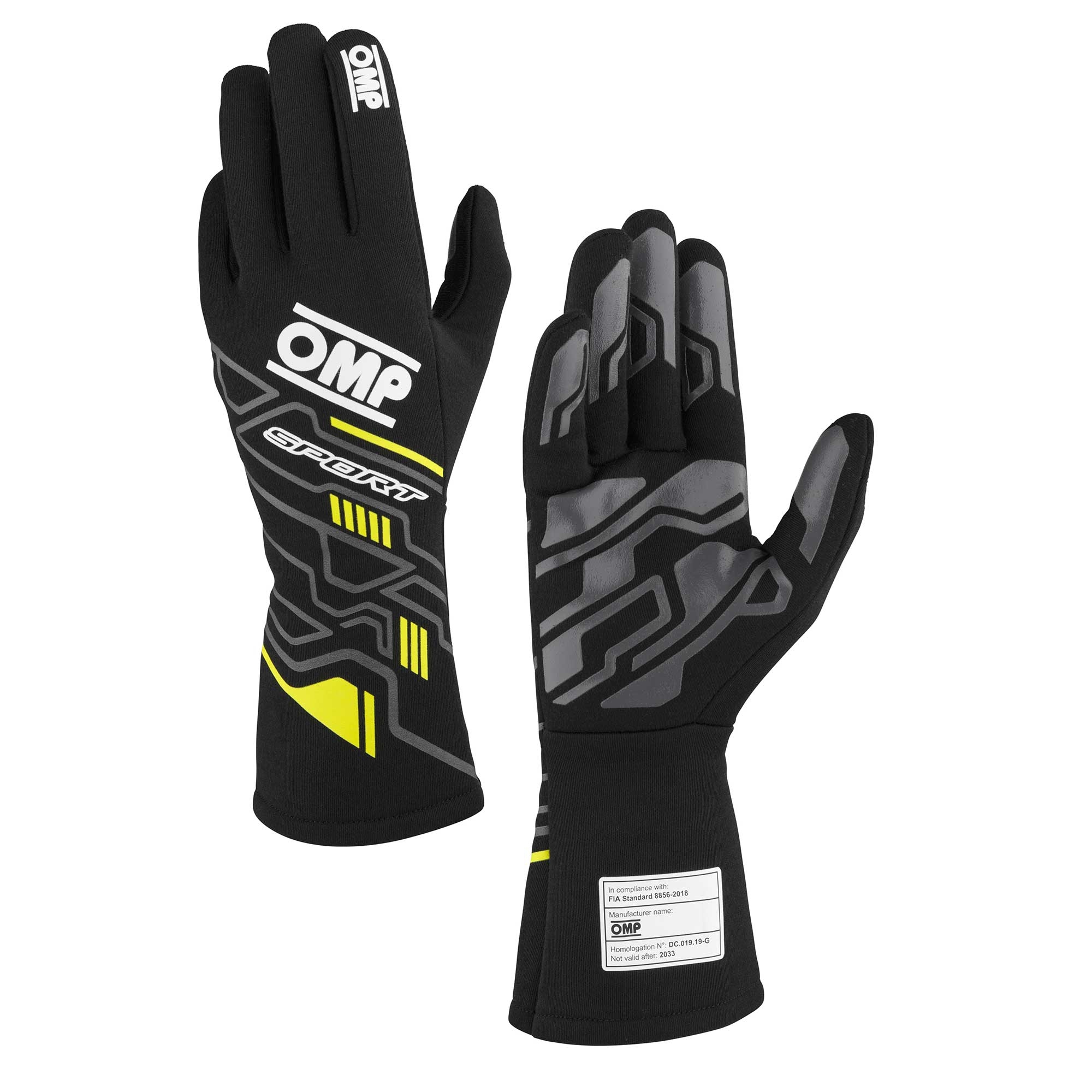 OMP Racing IB0-0777-B01-178-S - SPORT GLOVES FIA 8856-20 18 MY2025 BLACK / FLUO Y
