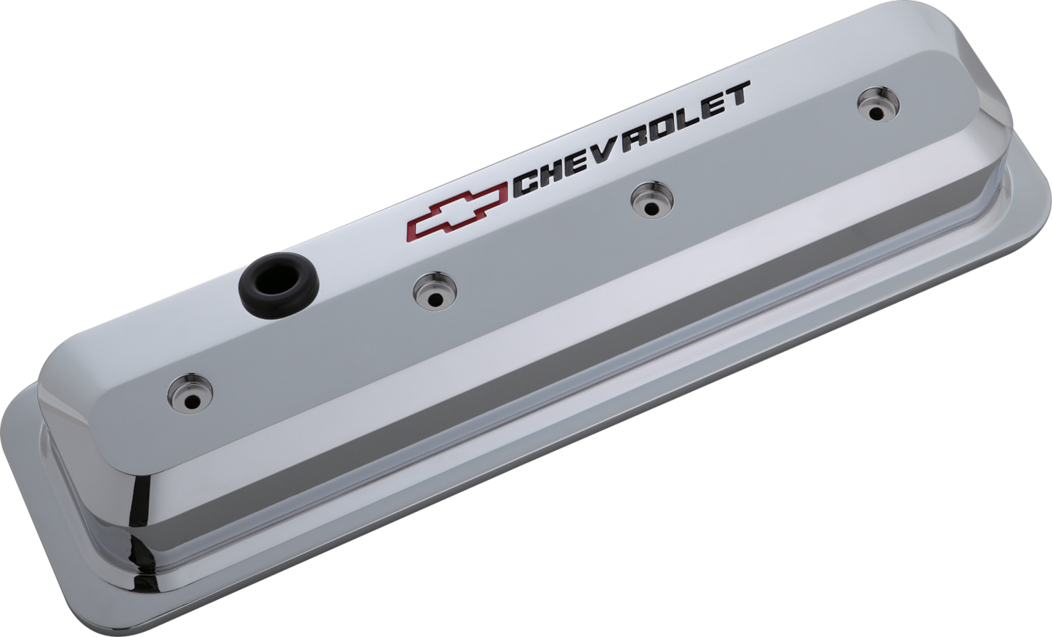 Proform 141-844 - Valve Covers SBC 87-Pres LS Ctr Bolt Tall Alum Chrome Recessed Emblems Recessed Black Chevrolet & Red Bowtie Logos Chevrolet Performance Parts