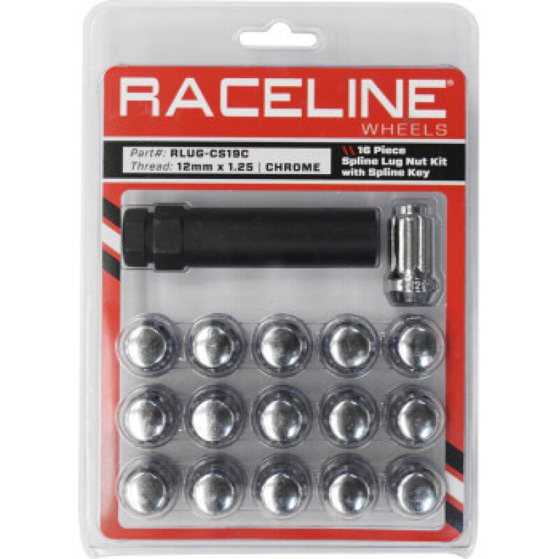 Raceline RLUG-CS19C - Spline Lug Nut Kit with Spline Key 12 x 1.25 - 16 Pack - Chrome