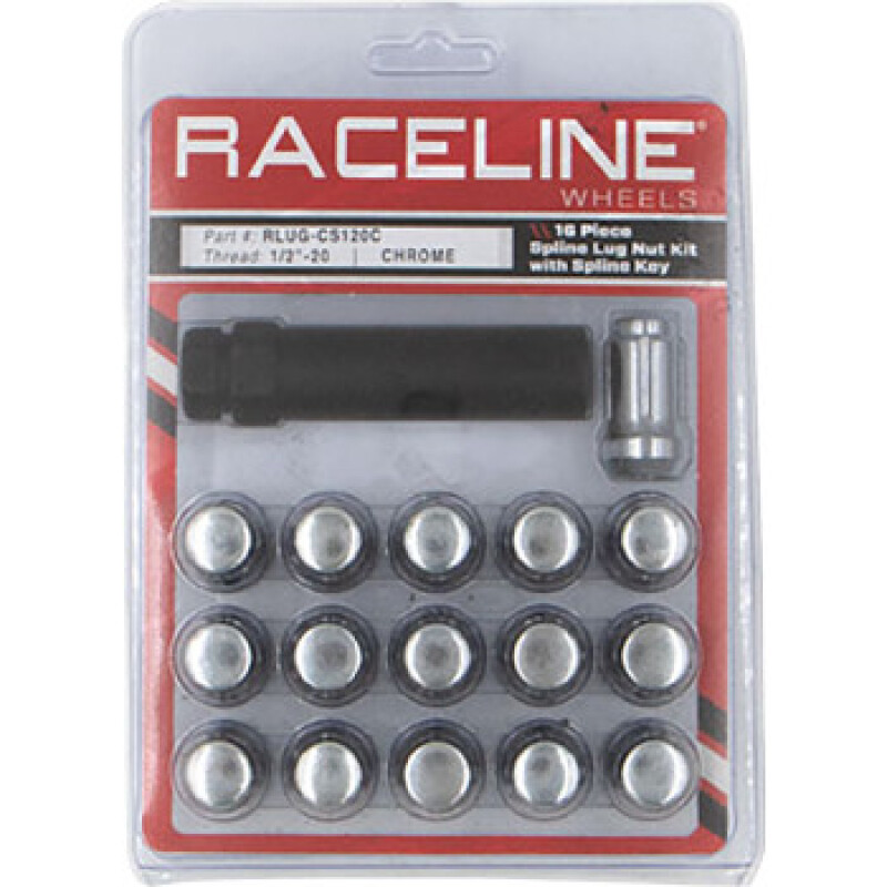 Raceline RLUG-CS120C - Spline Lug Nut Kit with Spline Key 1/2in-20 - 16 Pack - Chrome