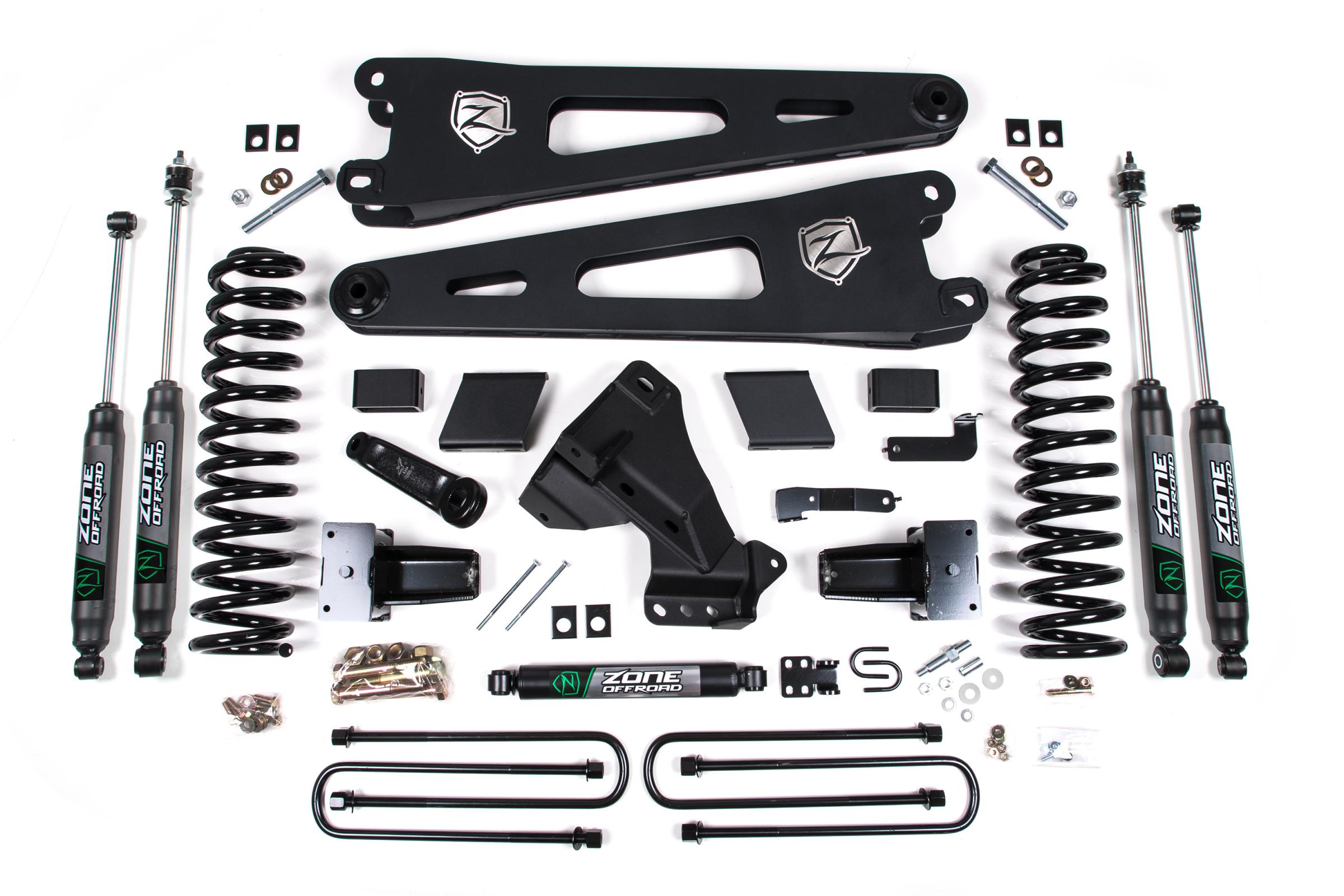 Zone Offroad ZONF123F - 23-24 Ford F-250/F-350 Super Duty 4WD 5 Inch Radius Arm Lift Kit 3 Inch Rear Block Diesel 2 Leaf Main Fox Adventure Shocks Adventure Series Shocks  Offroad
