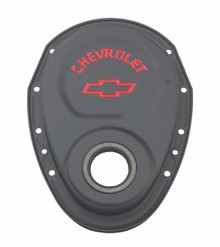 Proform 141-753 - Timing Chain Cover Black Steel With Chevy and Bowtie Logo For SB Chevy 69-91 Chevrolet Performance Parts