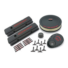 Proform 141-758 - Engine Dress-Up Kit Black Crinkle Finish Red Bowtie Red Letters For SB Chevy Tall Painted Chevrolet Performance Parts