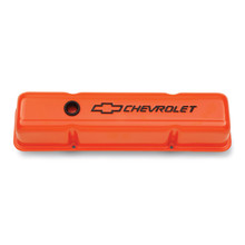 Proform 141-784 - Engine Valve Covers Stamped Steel Tall Orange w/ Bowtie Logo Fits SB Chevy Black Chevrolet & Bowtie Logos Chevrolet Performance Parts