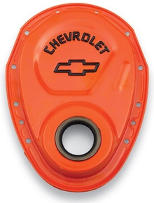 Proform 141-783 - Timing Chain Cover Orange Steel With Chevy Bowtie Logo SB Chevy 69-91 Chevrolet Performance Parts
