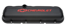 Proform 141-810 - Engine Valve Covers Stamped Steel Short Black w/ Bowtie Logo Fits BB Chevy Embossed Red Chevrolet & Bowtie Logos Chevrolet Performance Parts