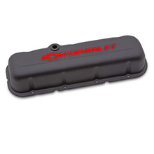 Proform 141-811 - Engine Valve Covers Stamped Steel Tall Black w/ Bowtie Logo Fits BB Chevy Embossed Red Chevrolet & Bowtie Logos Chevrolet Performance Parts