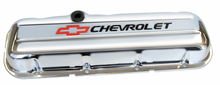 Proform 141-812 - Engine Valve Covers Stamped Steel Short Chrome w/ Bowtie Logo Fits BB Chevy Embossed Black Chevrolet & Red Bowtie Logos Chevrolet Performance Parts