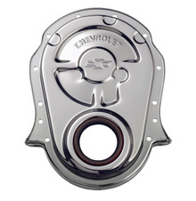 Proform 141-216 - Engine Timing Chain Cover Chrome Steel w/ Chevy and Bowtie Logo For BB Chevy Chevrolet Performance Parts