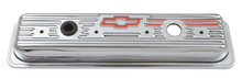 Proform 141-107 - Engine Valve Covers Center Bolt Style Steel Chrome Short With Baffle Bowtie Logo SB Chevy Embossed Red Bowtie Logo Chevrolet Performance Parts